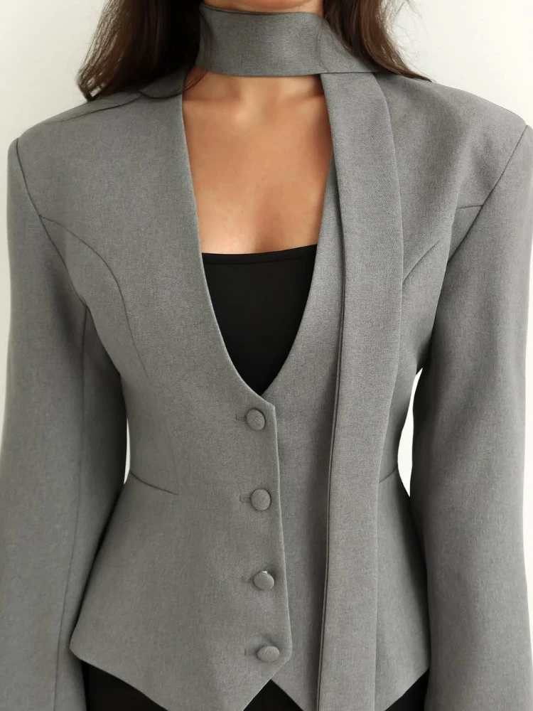 الملابس النسائية الأوروبية الأمريكية موضة جديدة بلون وشاح على شكل حرف V الديكور بأكمام طويلة عادية بدلة صغيرة سترة علوية #6