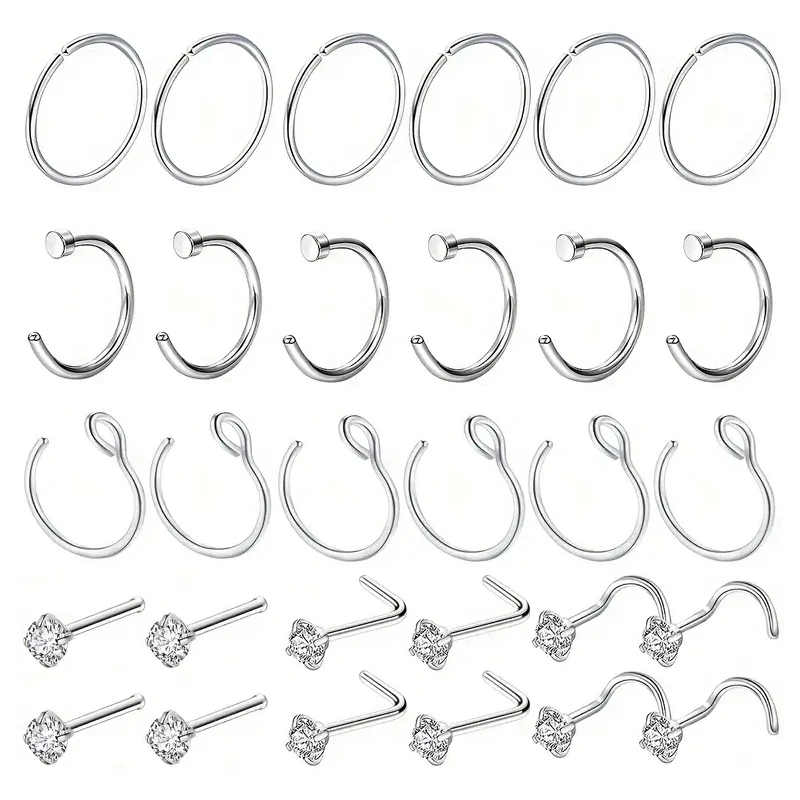 

30Pcs Set Nose Piercing Stainless Steel CZ Zircon Nose Rings, Nose Stud Jewelry Women Men Nostrils Piercing Jewelry