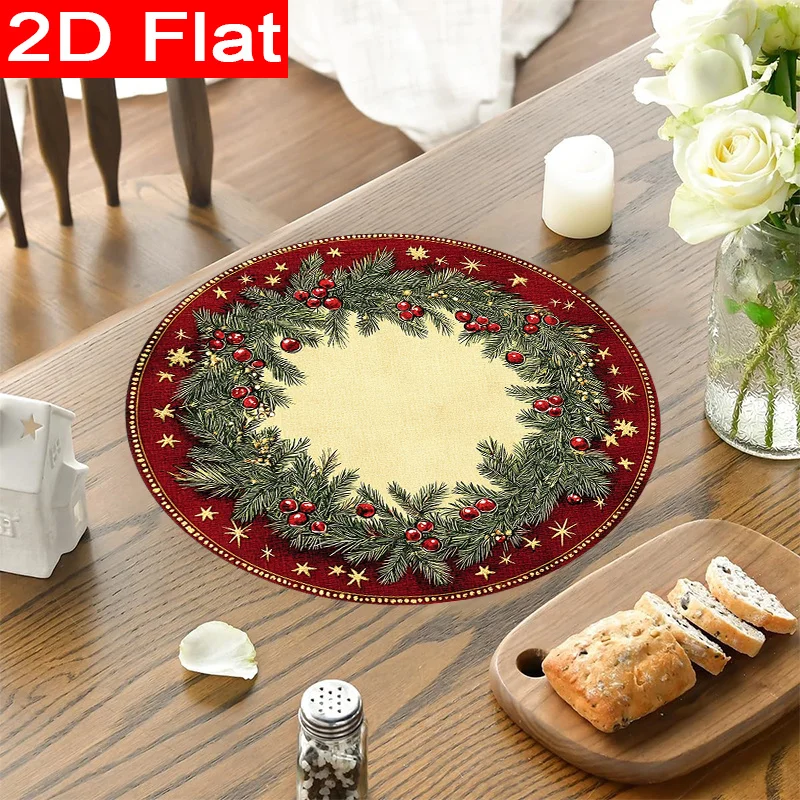 VIKAMA Round Christmas Placemats Pine Wreath Berry Linen Mats Non-Slip Wipe Clean for Farmhouse Festive Xmas Table Decor