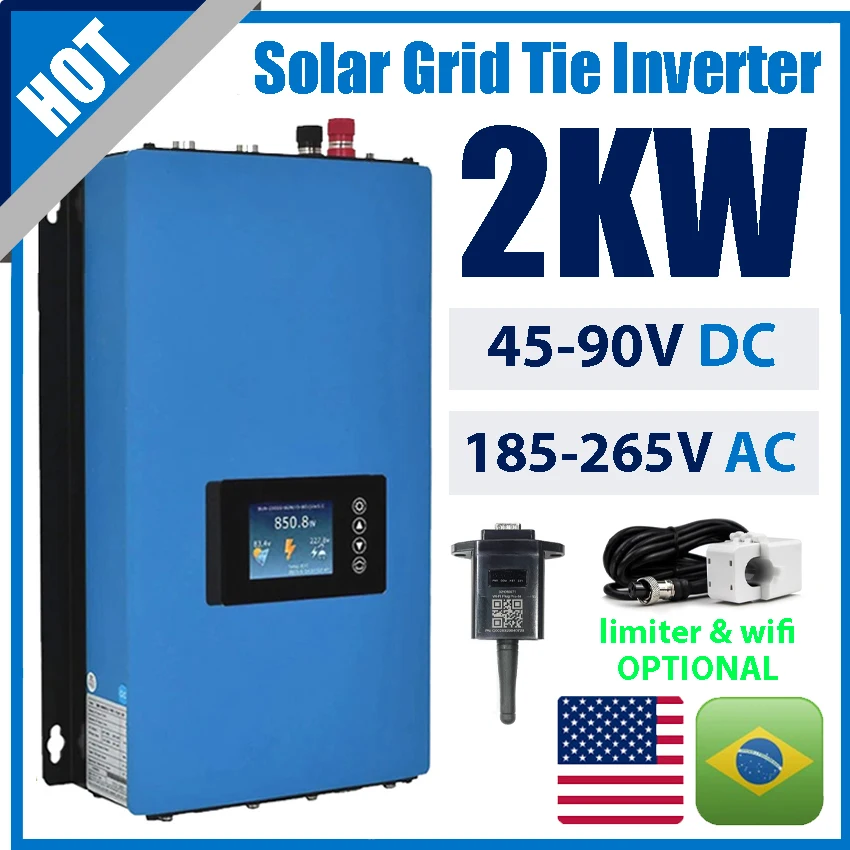 2000W MPPT Solar Grid Tie Inverter DC 48V/60V/72V to 220V 230V AC Pure Sine Wave On Grid With Limiter Wifi Optional