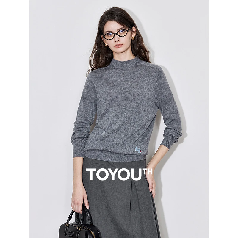 TOYOUTH Women Woolen Knitwear 2024 Autumn New Machine Washable Solid Color Half Turtleneck Long Sleeve Pullover Sweater