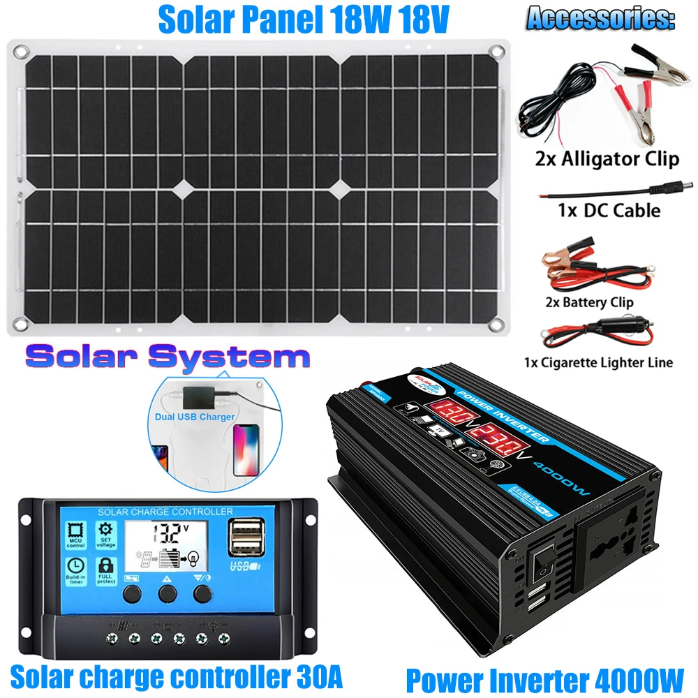 

4000W Solar Inverter 18W Solar Power System Solar Panel Battery Charger Complete Kit Solar Controller 30A Car Van Boat Camper