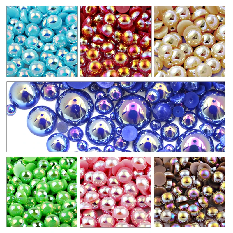 Bling AB Mix Multi Colors 2/3/4/6/8/10mm Imitation Pearl Half Round Beads FlatBack Plastic Resin Loose Glitters For DIY Nail Art