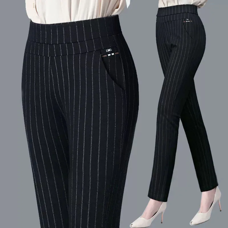 New Black Striped Pencil Pants Women High Waisted Elastic Slim Fit Occupation Office Wear Lady Pants with Pocket Casual Trousers
