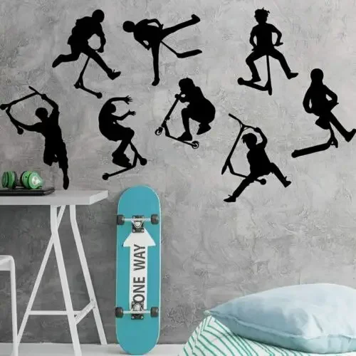 Juego de 8 pegatinas de pared para patinete acrobático, carteles para habitación de niño y niño, calcomanía de pared deportiva para bicicleta, papel tapiz decorativo de vinilo para dormitorio P330