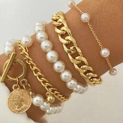 Pulseras Bohemias de moda para mujer, colgante de moneda de cabeza humana, Perla geométrica Vintage, joyería de Color dorado, regalo para mujer, B029