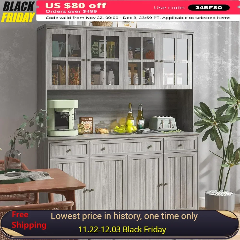 

75.9" Kitchen Pantry Cabinet with Glass Doors & Hutch Kitchen Storage Drawers Pantry Furniture Multi-Tier Shelves