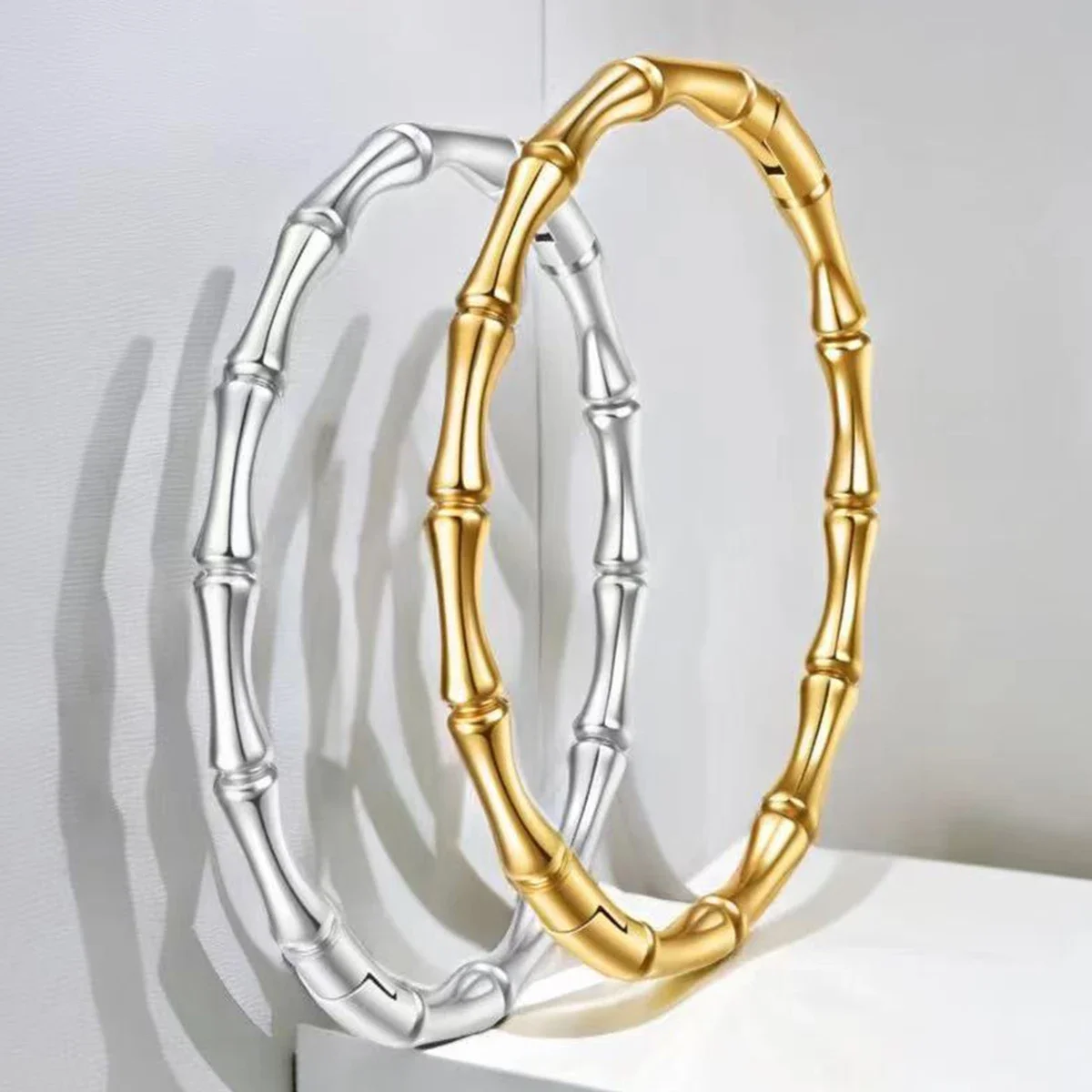 Stainless Steel Gold Color Bamboo Cuff Bracelets Bangles for Woman Wedding Female Luxury Bracelets Jewelry Gift