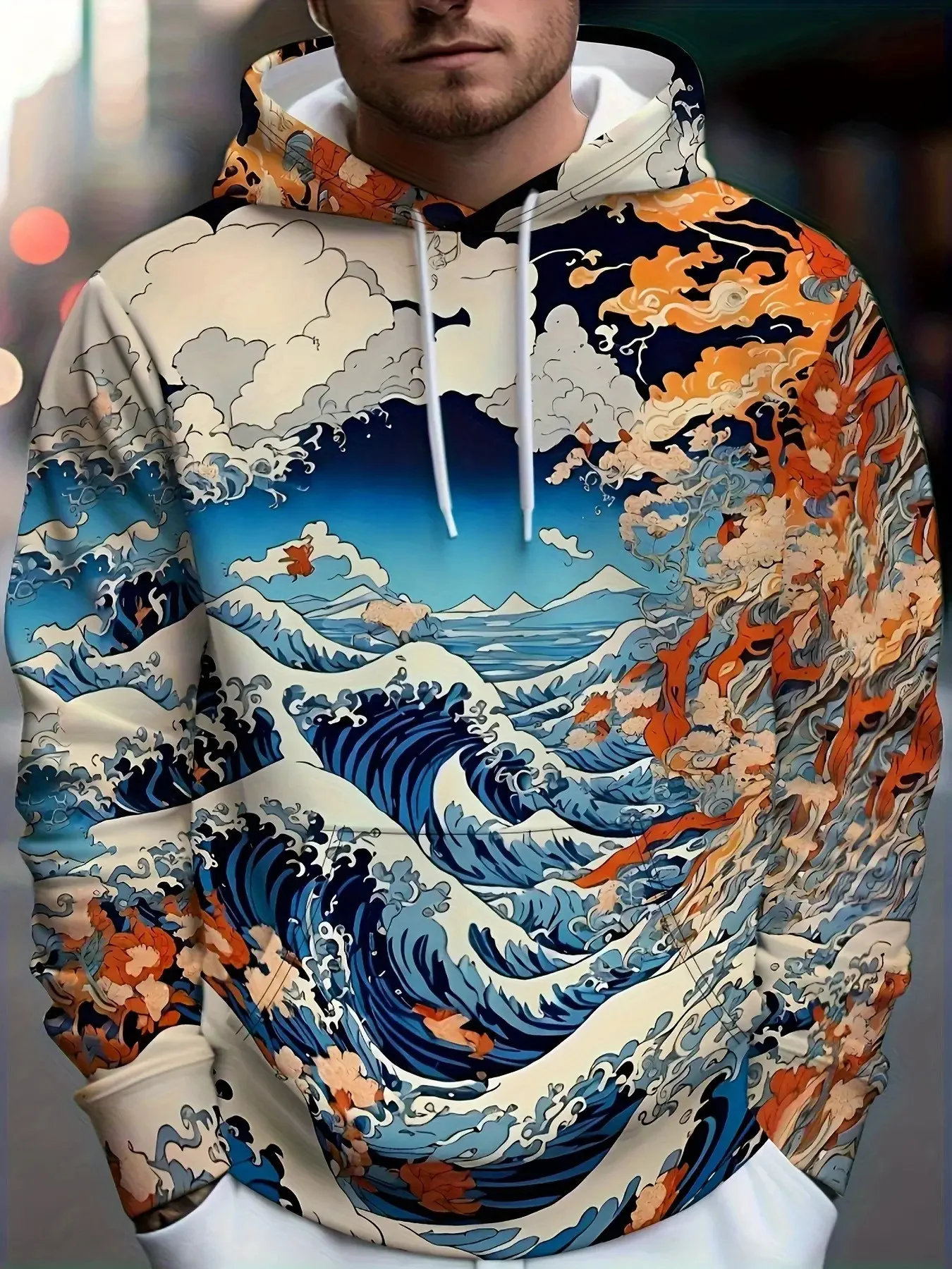 3D Full Print Ukiyo-e Wave Koi Hoodie Men Japanese Ocean Scenery Graphic Drawstring Loose Casual Hooded Sweat Top
