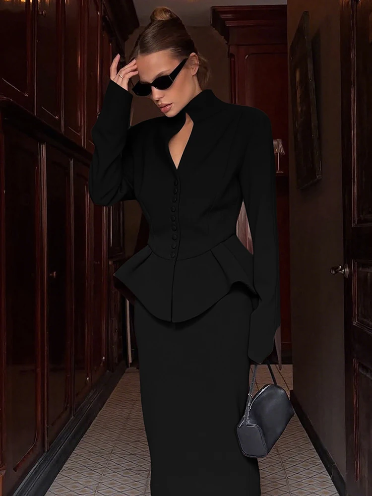 

Macheda повседневный элегантный комплект из 2 предметов, женский однобортный кардиган, топы с оборками + однотонные юбки, повседневная модная одежда в офисном стиле