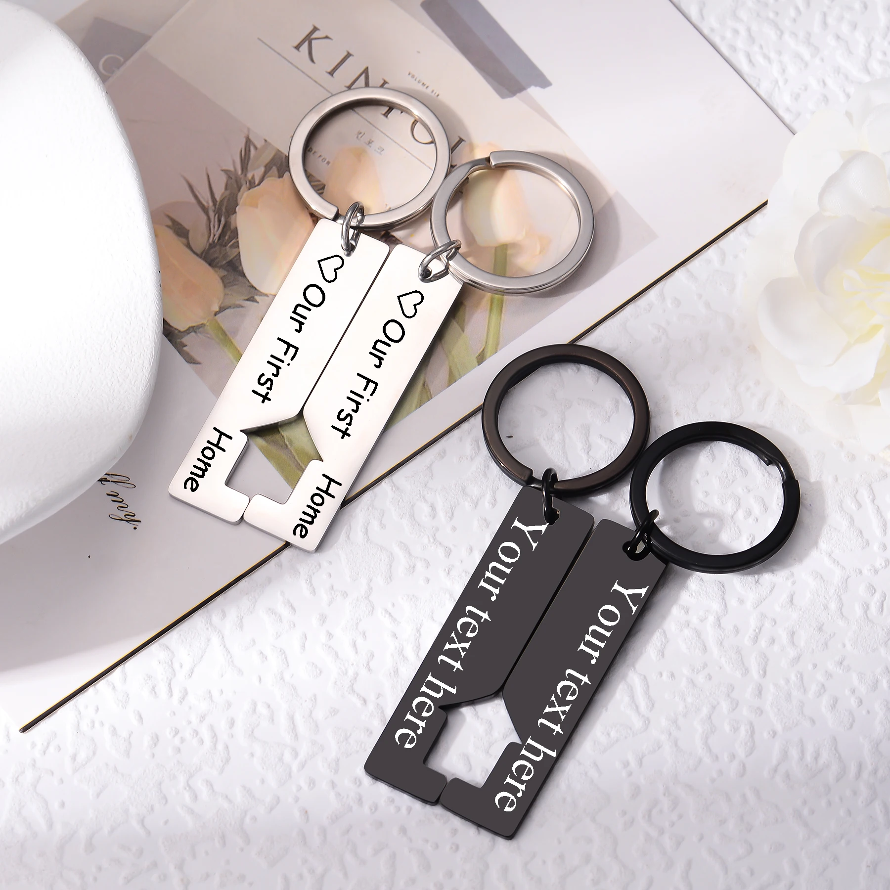 

1pair Custom Stainless Steel Mirror Polished House Rectangle Pendant Our First Home Keychain For Couple Family Housewarming Gift