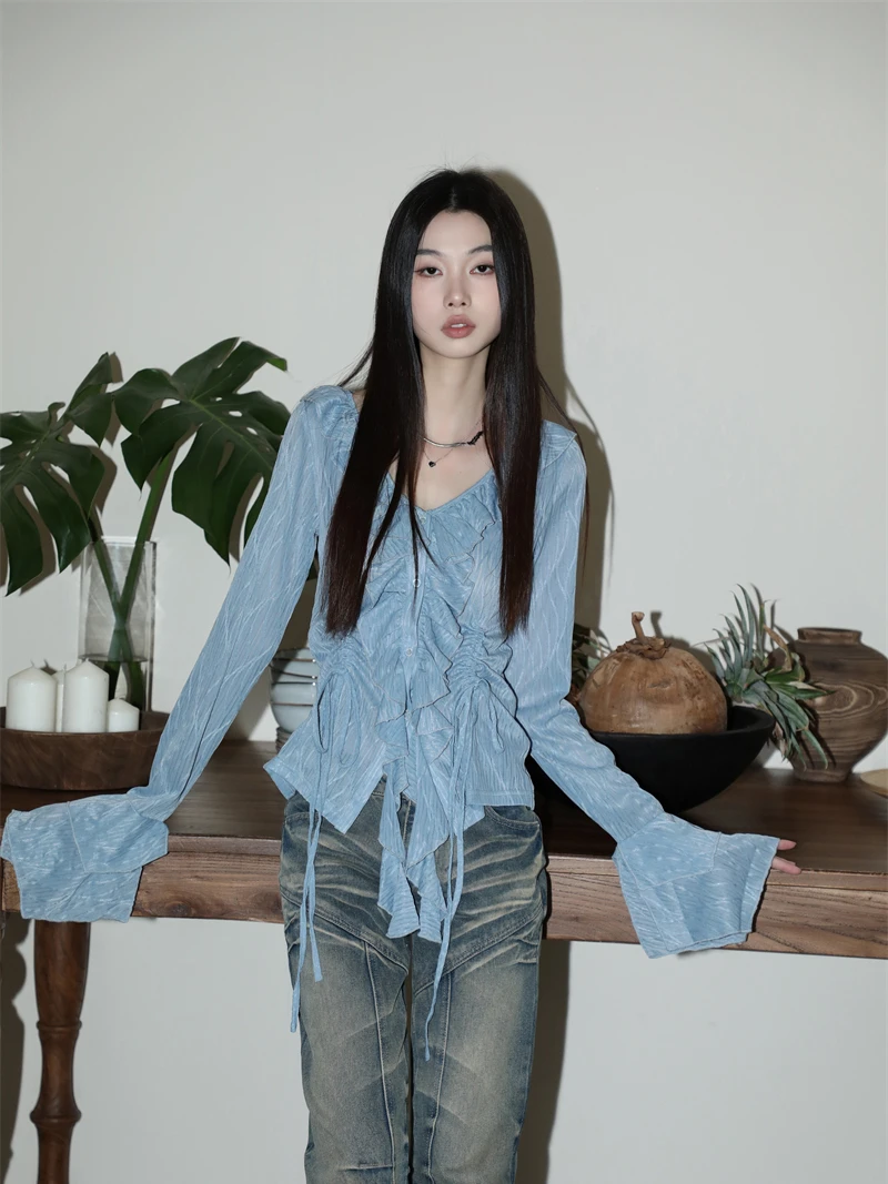 CHEERART Ruffles Wave Flare Sleeve Blouse Women Designer Blue Drawstring Long Sleeve Top And Blouses 2023 Fall Fashion Clothes