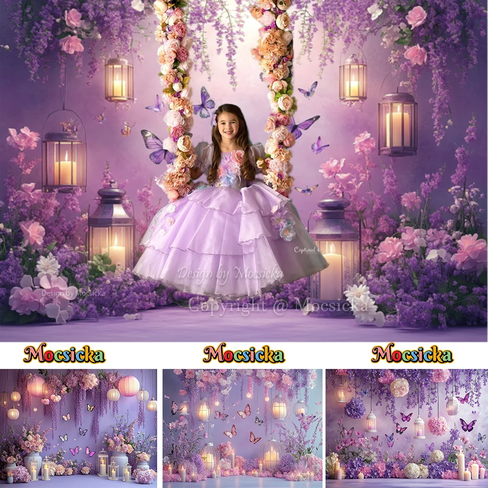 

Girl Birthday Photography Background Purple Flower Wall Butterfly Candle Lantern Backdrop Baby Show Maternity Photo Studio Prop