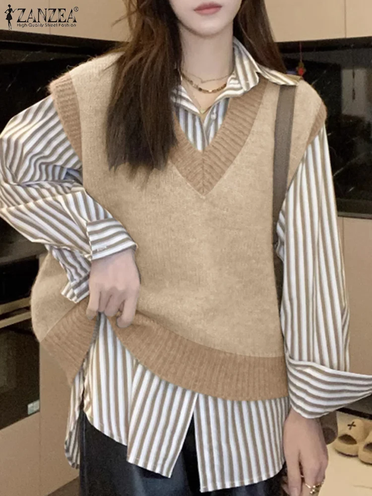 

ZANZEA Korean Fashion Casual Loose Tanks V Neck Streetwear Women Solid Color Sweater Vests 2025 Spring Fleece Sleeveless Tops