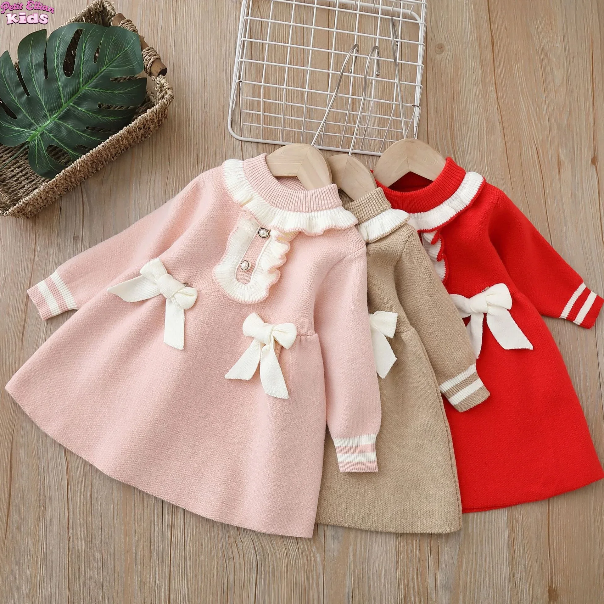 

Knitted Baby Girl Dress 1-5Y Kids Girls Clothes Bow and Ruffled Collar with Pearl Buttons Cute Casual Party Knit Kids Outfit