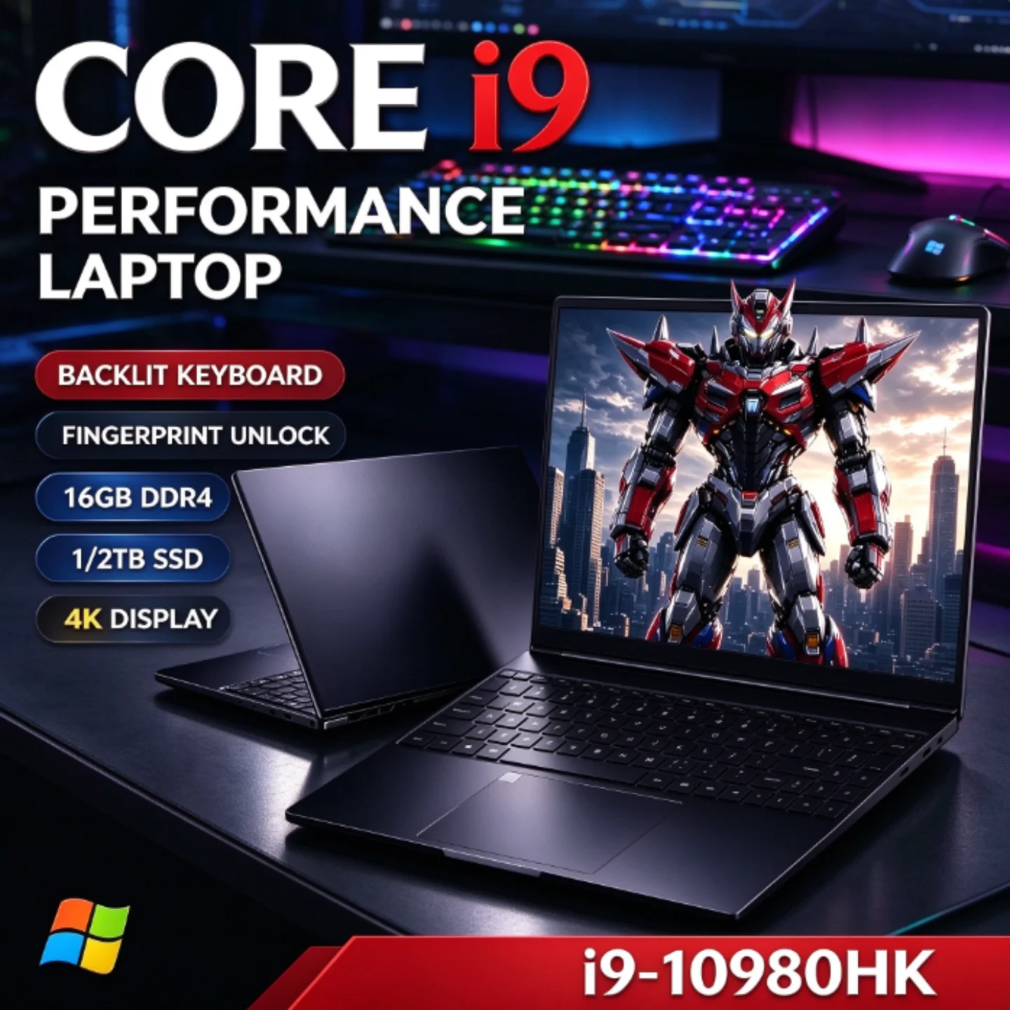 Laptop para jogos portátil de 15,6 polegadas, Intel Core I9 10980HK, notebook com Windows, 32 GB de RAM, desbloqueio por impressão digital, novo computador gamer seguro