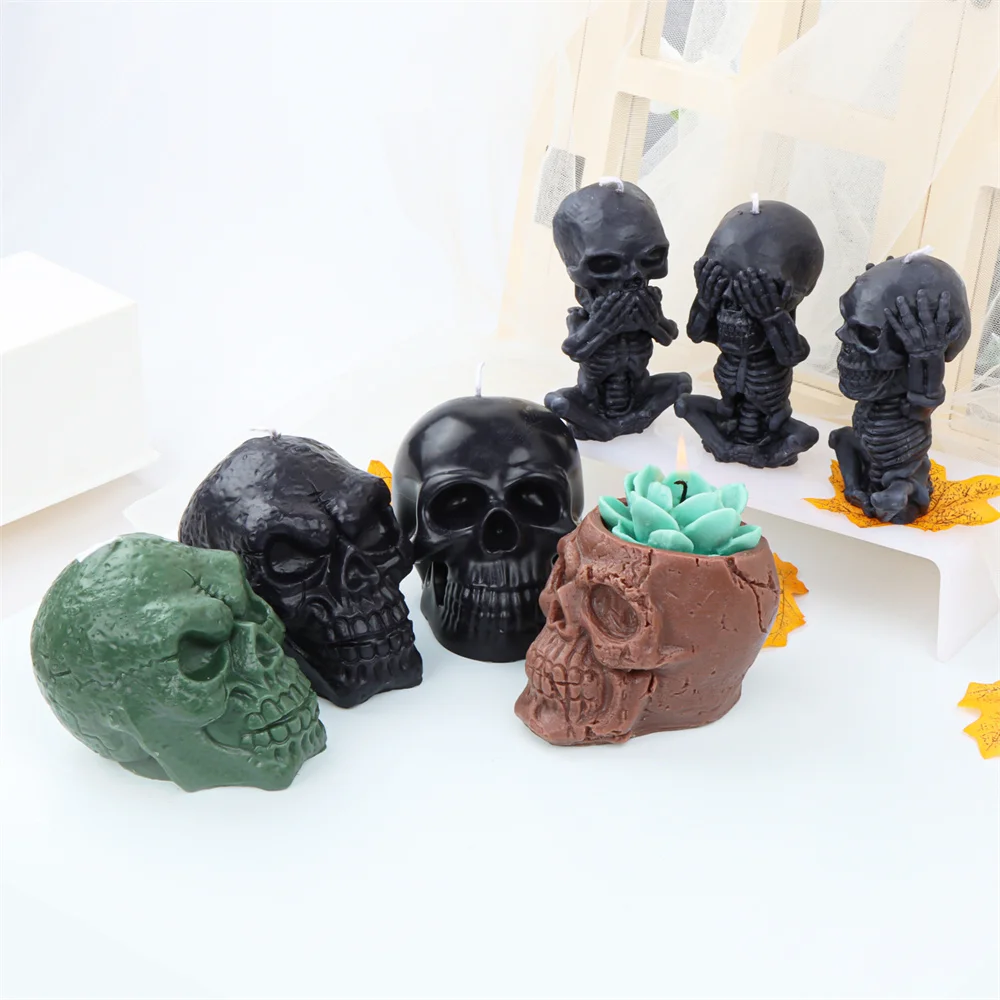 

Horrible No Listen Say See Skull Candles Mold Silicone Halloween Gift Skeleton Aroma Soap Plaster Resin Making Home Decor Craft