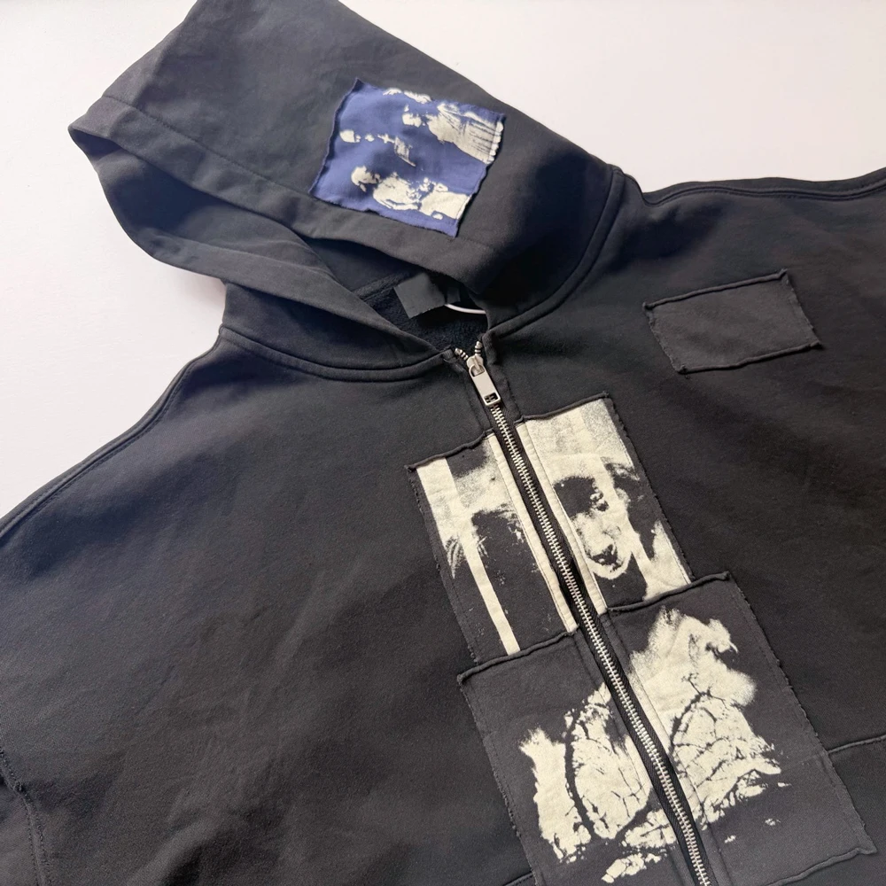 Y2k Subculture Streetwear Zip Up Loose Hoodies Hip Hop Street Style Heavy Weight Cotton Retro Distressed Patchwork Casual Hoodie