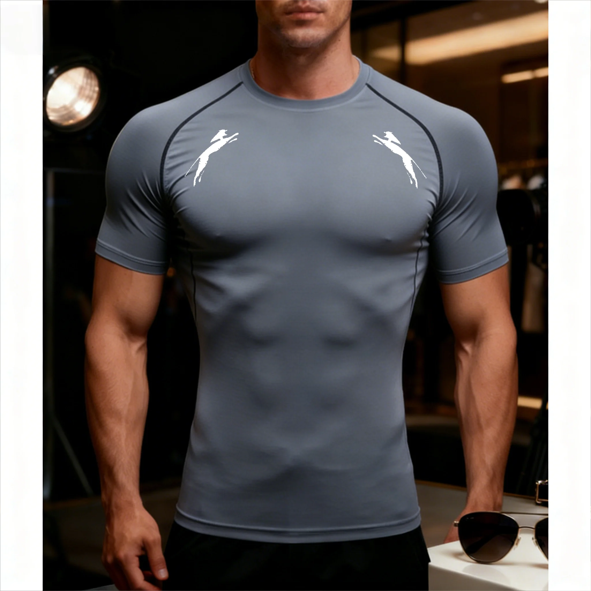 Men's Letter print compression running fitness tight short sleeved T-shirt training jogging shirt gym sportswear quick drying