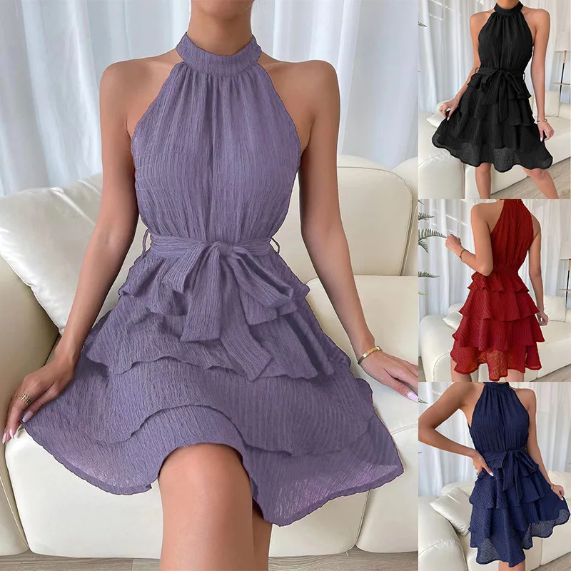 

Sexy Dresses for Women Neck-mounted Summer Dresses Woman Sleeveless Ruffles Fashion Party Dress Lace-up Women Clothing Vestidos