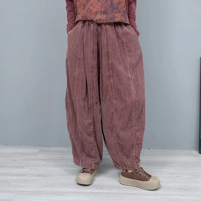 

2024 Spring Autumn New Color Linen Pumpkin Pants Women Loose Stylish Wide Leg Pant LX1062