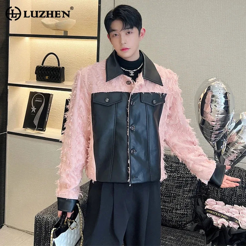 LUZHEN 2024 Trendy Elegant Leather Rough Edge Splicing Design Short Blazer Coat Men's High Street Original Korean Jackets LZ7216