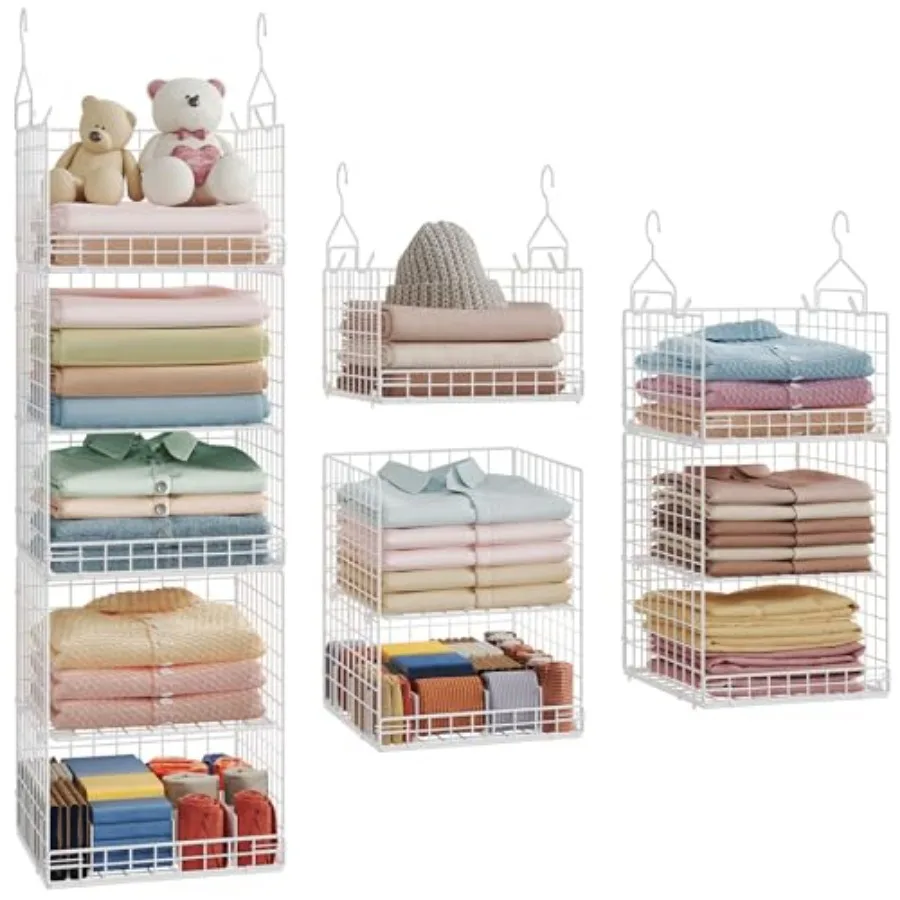 

5-уровневый подвесной органайзер для шкафа, разборные подвесные полки с 4 крючками, 2 регулируемых разделителя, проволочные корзины для хранения