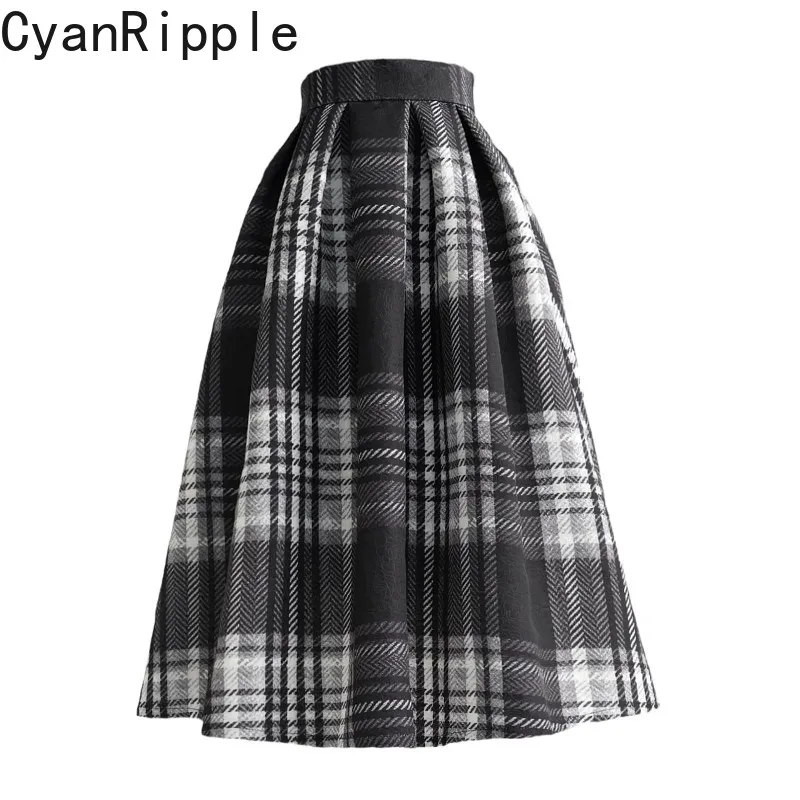 2026 New Autumn Winter Vintage Preppy Style Mid-length Puffy Skirt All-match High Waist Elegant Jacquard A-line Umbrella Skirts