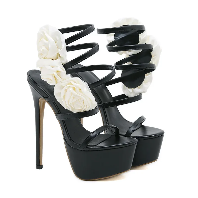 

New Sexy Serpentine Winding Camellia Heels Waterproof Platform Stiletto Super High Heel Women's Plus Size Sandals Banquet Party