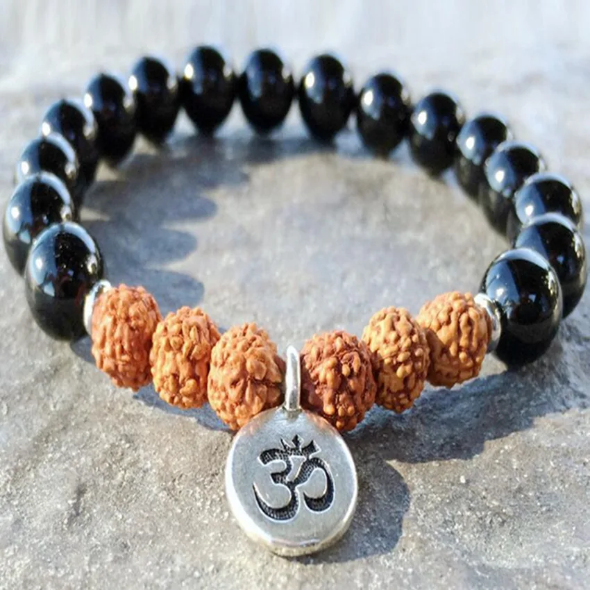 

8mm Rudraksha Obsidian Gemstone Mala Bracelet 7.5inches Wrap Contemporary Eco-friendly Unique Children Trendy Chain Ethnic Men