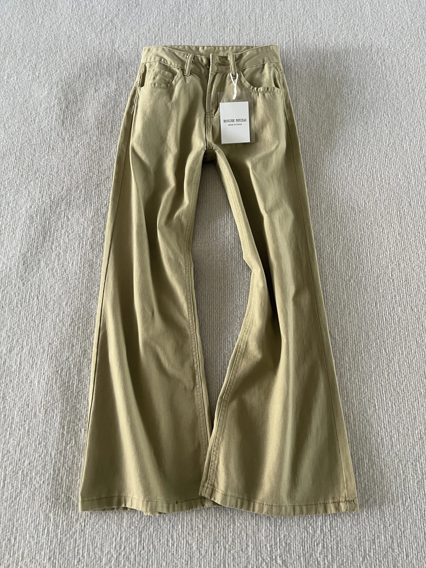 

Джинсовые брюки цвета хаки в американском стиле с низкой талией, женские свободные брюки длиной до пола, не леггинсы, расклешенные брюки с микро-клеш, осенние большие размеры