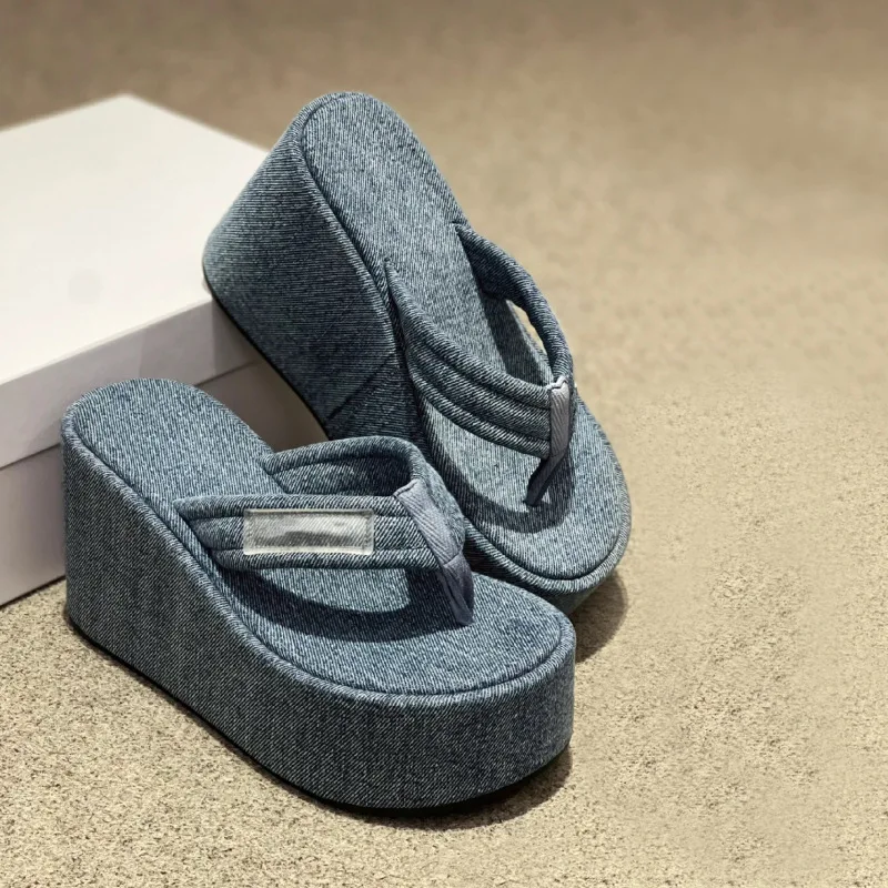 2024 summer new elevating platform slippers women wear denim blue herrera wave with sandals