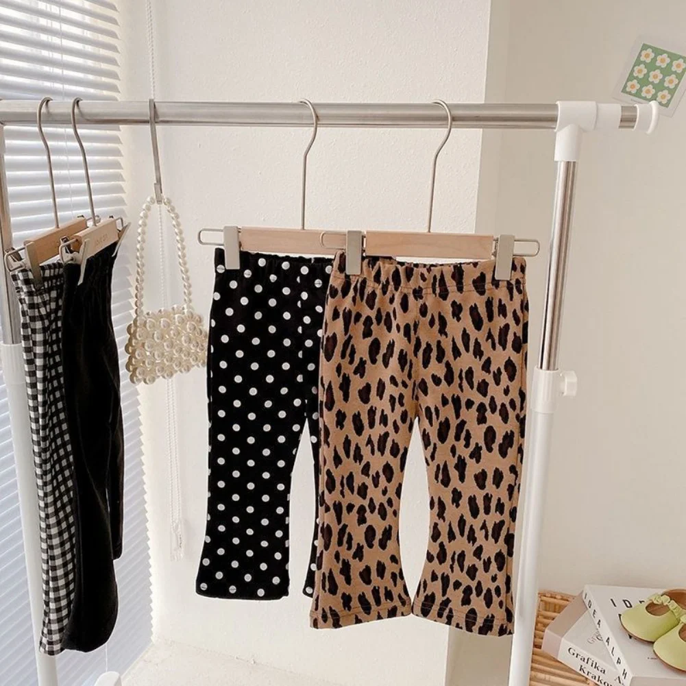 Girls Flare Pants Cotton Casual Trousers Leopard Solid Plaid Point Summer Pants for Girls Slim Elasticity Trousers Kids Pant