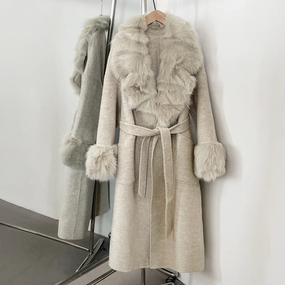 

Long Wool Jacket Top Clothes Woolen Coat Real Fox Fur Collar and Cuffs Female New Autumn Winter Natural Fur Coats for Women