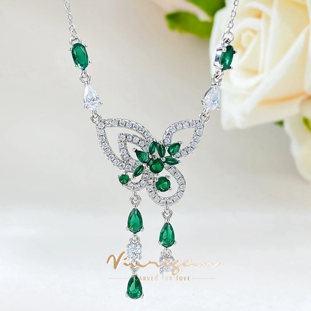 

Vinregem Butterfly Emerald High Carbon Diamond Gemstones Fine Pendant Necklaces for Women 925 Sterling Silver Jewelry Wholesale