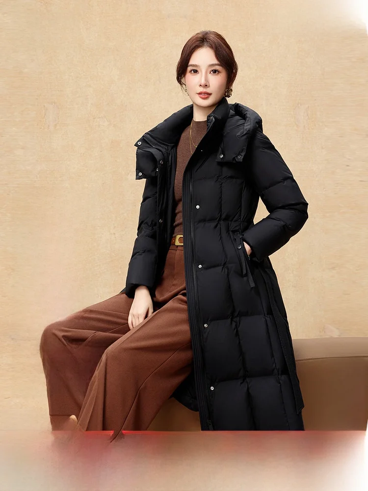 

Женский удлиненный пуховик Ele Long Over-Knee Snowy Flng 2026: Новая весенняя коллекция, модный, с поясом на талии, премиум-класса