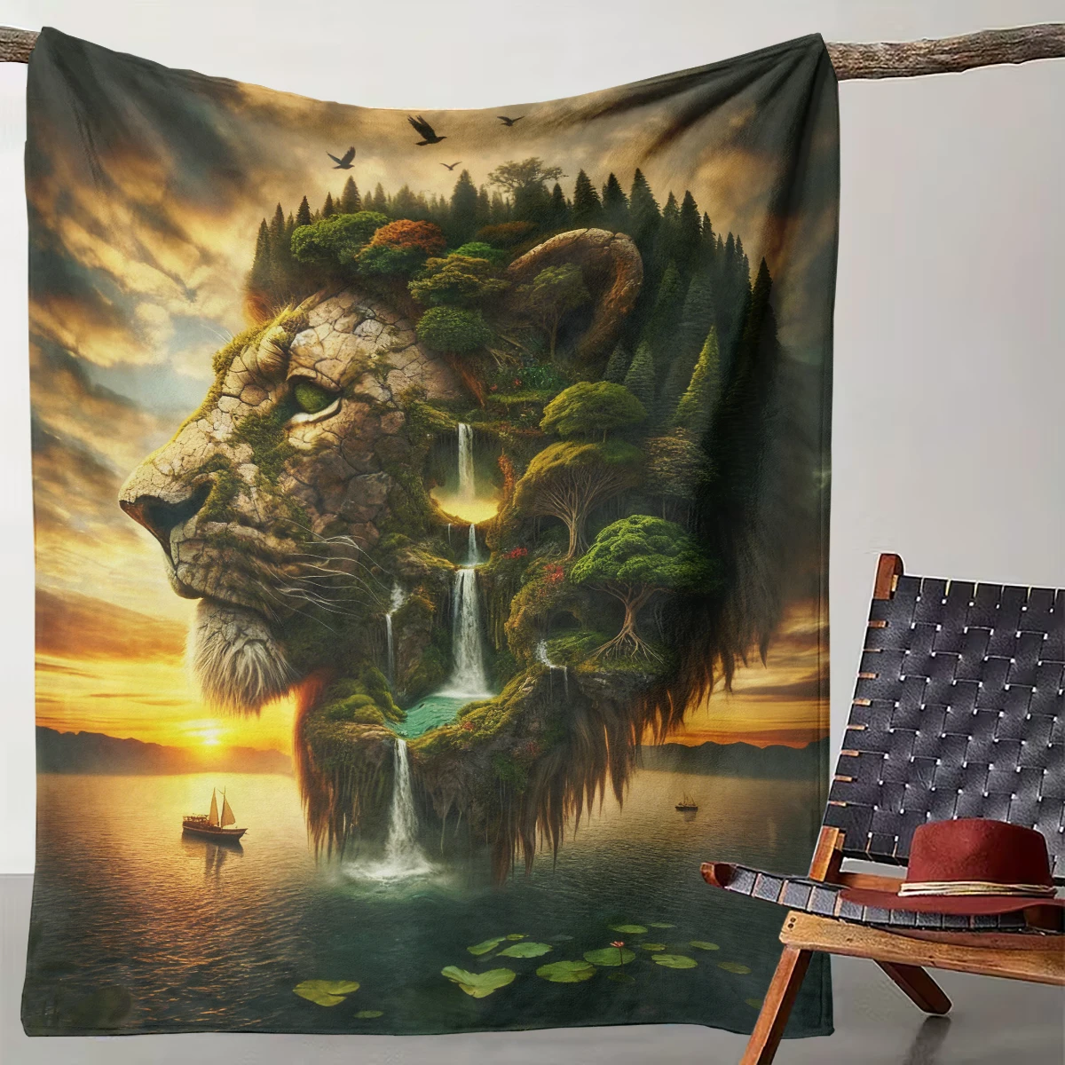 

1 Lion Island Secret Land Waterfall Forest Blanket Suitable for Camping, Living Rooms, Offices, Chairs, and Beds