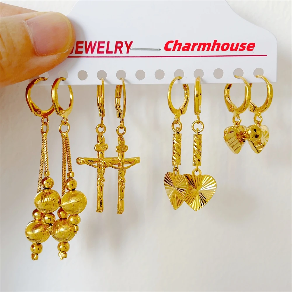 Yellow Gold Plated Bead Cross Heart Dangle Earrings for Women Stainless Steel Hoop Earing Pendientes Mujer Trendy Jewelry Gifts