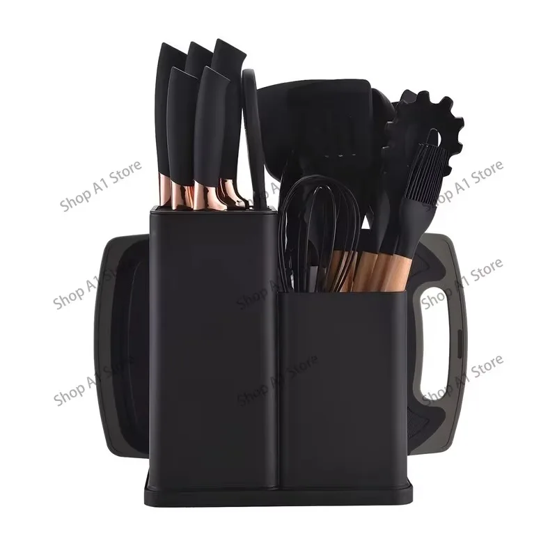 Silicone Kitchen Utensils Set 19Pcs, Wooden Handle Spatula Ladle with Storage Holder, Non-Slip for Non-Stick Cookware