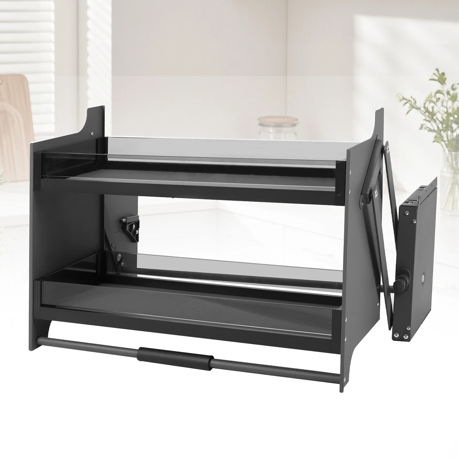 

Двухуровневая полка-органайзер для специй с пневматической системой демпфирования, выдвижная корзина для экономии пространства с регулируемыми опорами для специй, посуды и бутылок