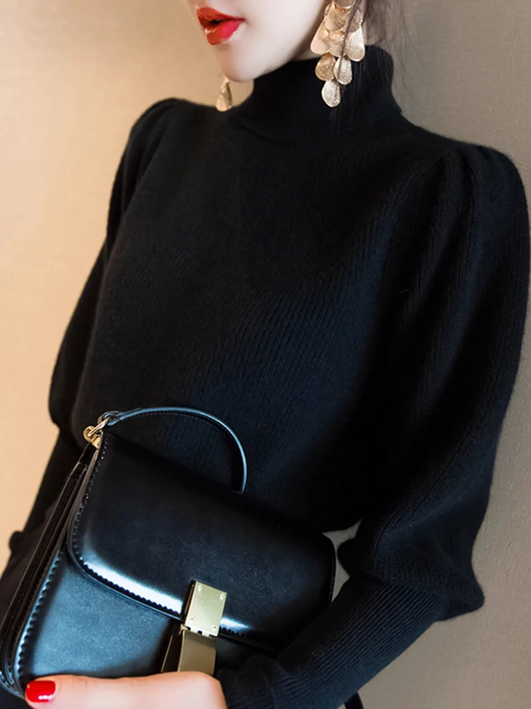 

Slim Fit Cashmere Sweater Women's Stand Collar Lantern Sleeve Knitwear Base Layer Top Fashionable Commute Style Warmth Heating