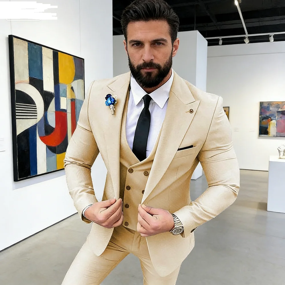 

Мужской костюм-смокинг из 3 предметов с пиковыми лацканами, пиджаком, двубортным жилетом и брюками для свадьбы и деловых повседневных мероприятий