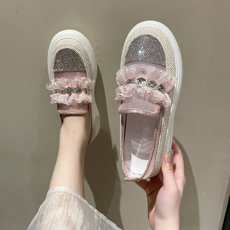 Casual Sneakers Crystal Lace Flats Platform Shoes Women Sports Walking 2024 New Summer Sandals Thick Designer Running Lady Shoes