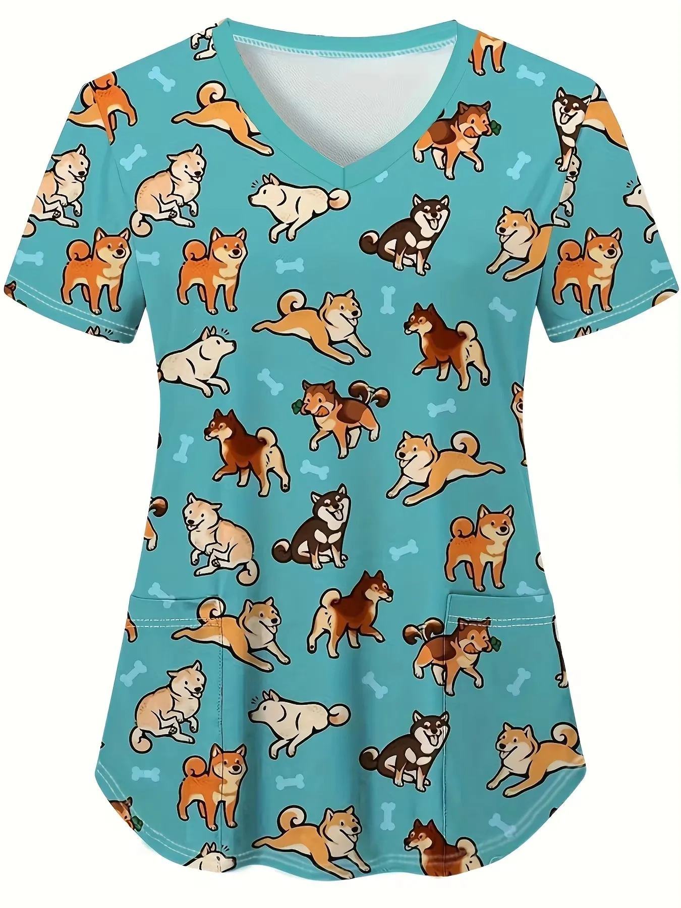 Uniforme médico con estampado de gato y perro para mujer, uniforme clínico con cuello en V, Tops de bolsillo de parche de manga corta, uniformes