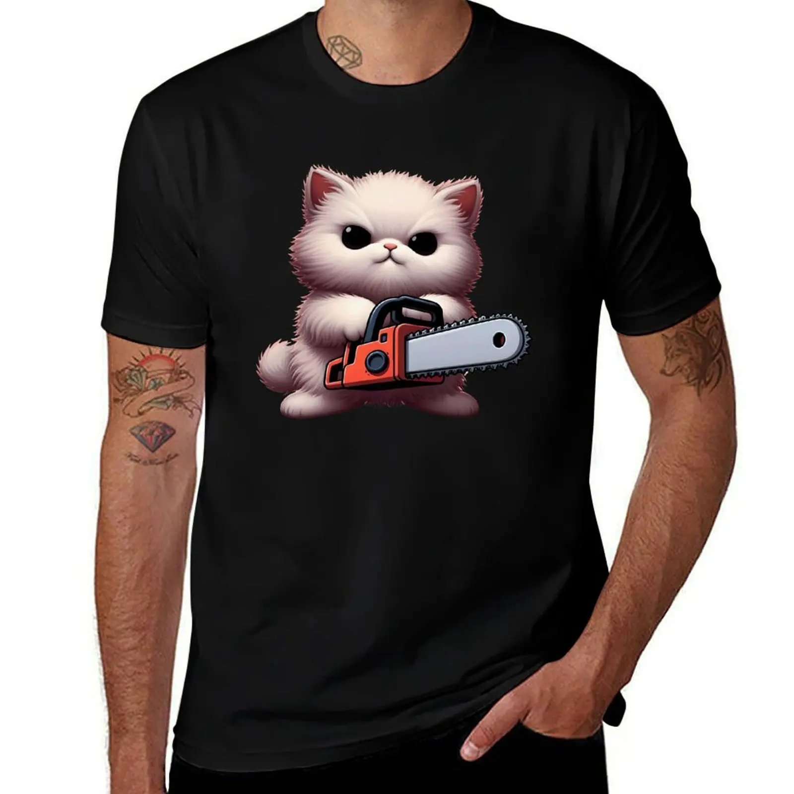 Adorable Cat with Chainsaw - Cute but Fierce Art T-Shirt Holiday Casual Short Sleeve Top T-Shirt