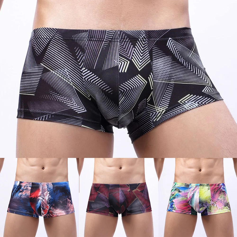 Sexy Men Printing Briefs Pouch Short Underwear Breathble Swim Trunks Elasticity Silky Underpants Casual Bottom Wear