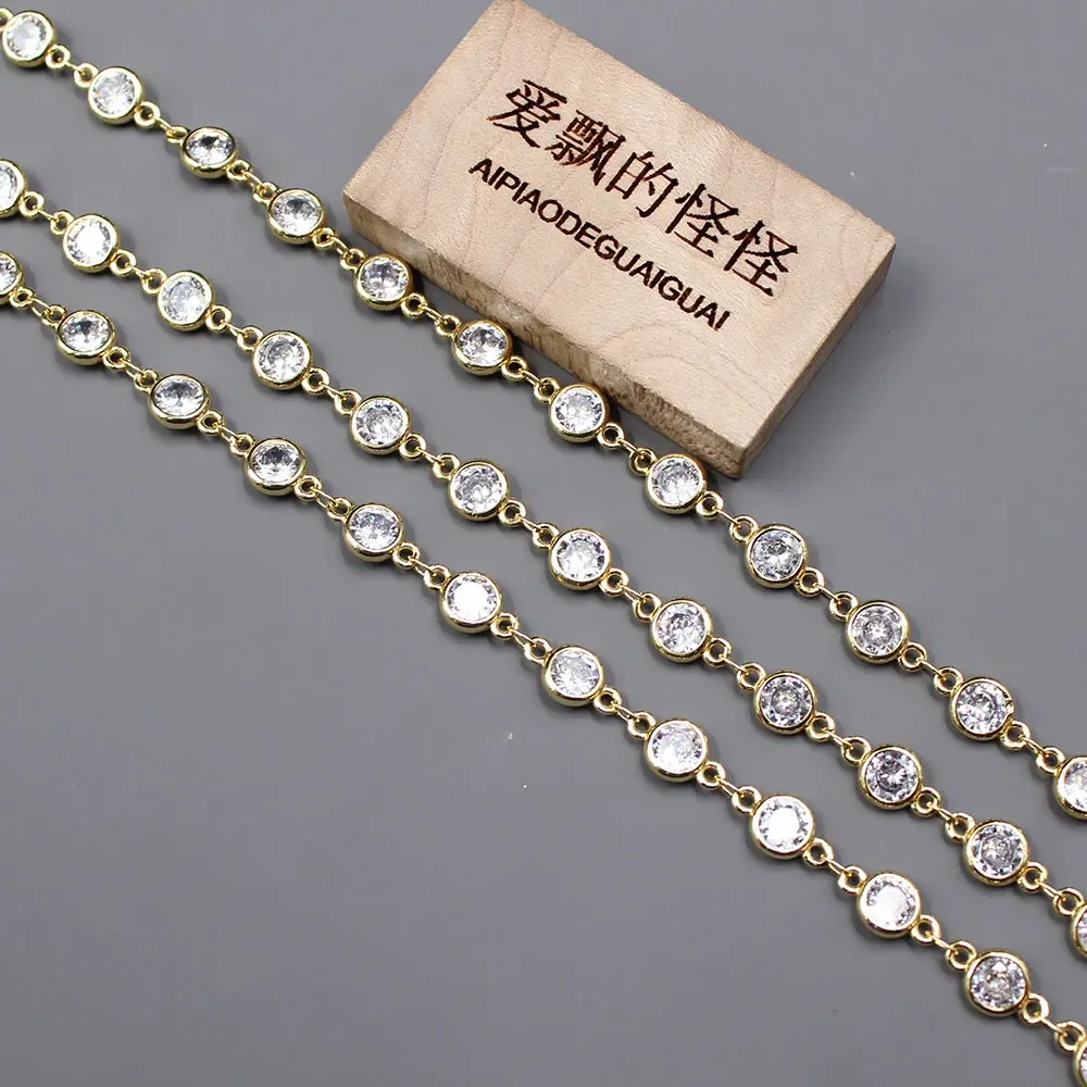 1 Meter Bezel Set 6mm Clear CZ Yellow Gold Plated Copper Fashion Chain Paperclip Neck Chain Pearl Jewelry Making DIY