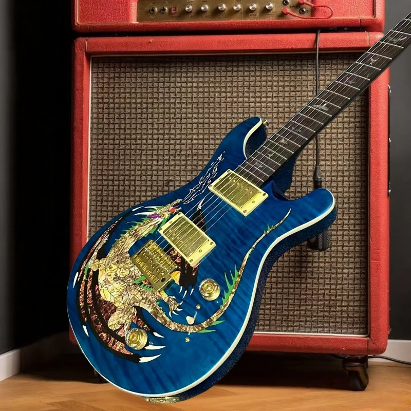 Envío Gratis, cuello de palisandro negro, cuerpo de caoba, guitarra eléctrica personalizada de 24 dragones, regalo de 24 tonos, Feliz Navidad
