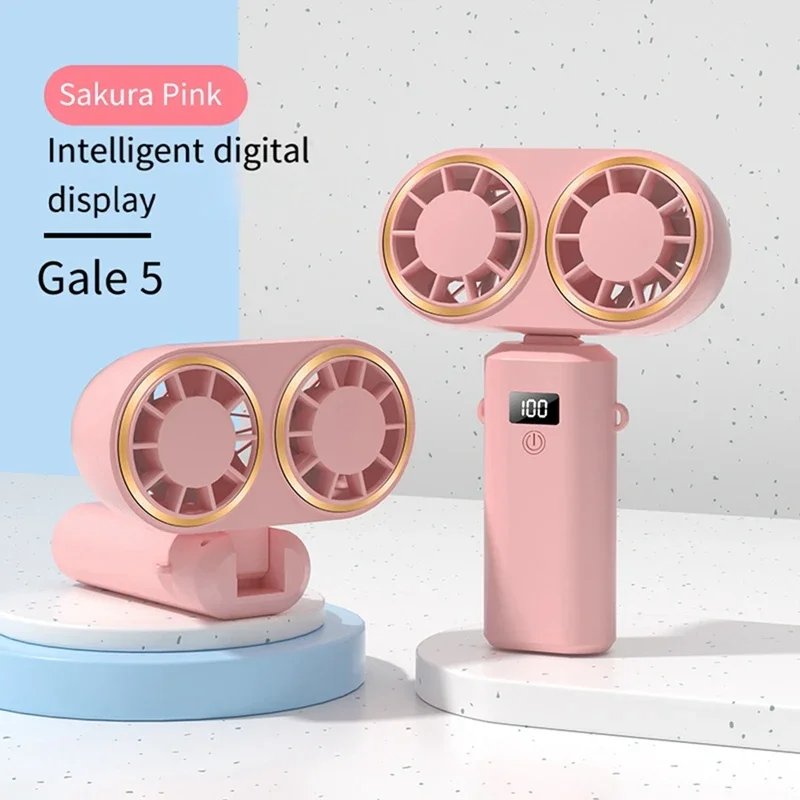 مروحة USB قابلة لإعادة الشحن برأس مزدوج 2400 مللي أمبير في الساعة، مروحة محمولة معلقة على الرقبة، سطح مكتب قابل للطي مع مروحة شاشة رقمية، سهلة الاستخدام، وردي