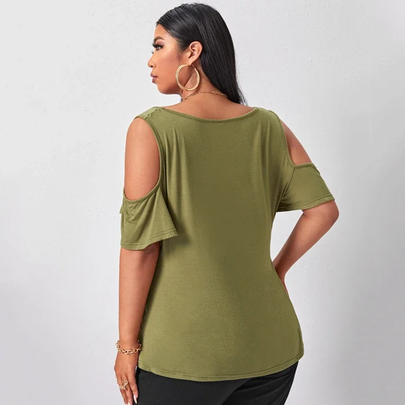 Plus Size Cold Shoulder Elegant Summer Top Women Short Flare Sleeve Off-shoulder Casual Blouse Large Size T-shirt Tee 7XL 8XL